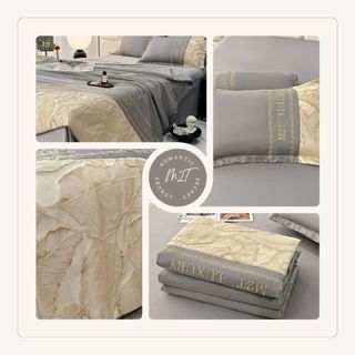 Bộ chăn ga gối phi lụa M2T BEDDING bao gồm 2 vỏ gối nằm, 1 ga giường và 1 chăn chần bông hè mỏng