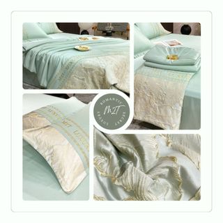 Bộ chăn ga gối phi lụa M2T BEDDING bao gồm 2 vỏ gối nằm, 1 ga giường và 1 chăn chần bông hè mỏng
