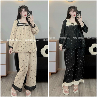 Bộ Bầu Bộ Sau Sinh - BỘ DÀI ĐŨI NHĂN NƠ CỔ VUÔNG REN IN NƠ - 2 Màu,Áo Có Khóa Kéo Hai Bên & Quần Có Chun Chỉnh [ Freeshi
