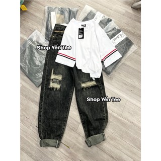 20204MA- Quần baggy cạp phối viền nâu Yến Tee , quần jeans nữ , quần che khuyết điểm