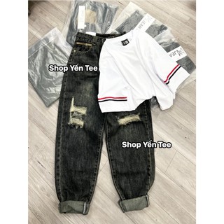 20204MA- Quần baggy cạp phối viền nâu Yến Tee , quần jeans nữ , quần che khuyết điểm