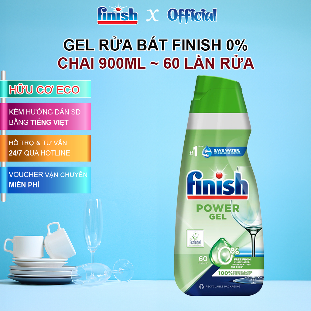 Gel Rửa Chén Bát Finish All In 1 Max Eco 0% Chai 900ml Tương Đương 60