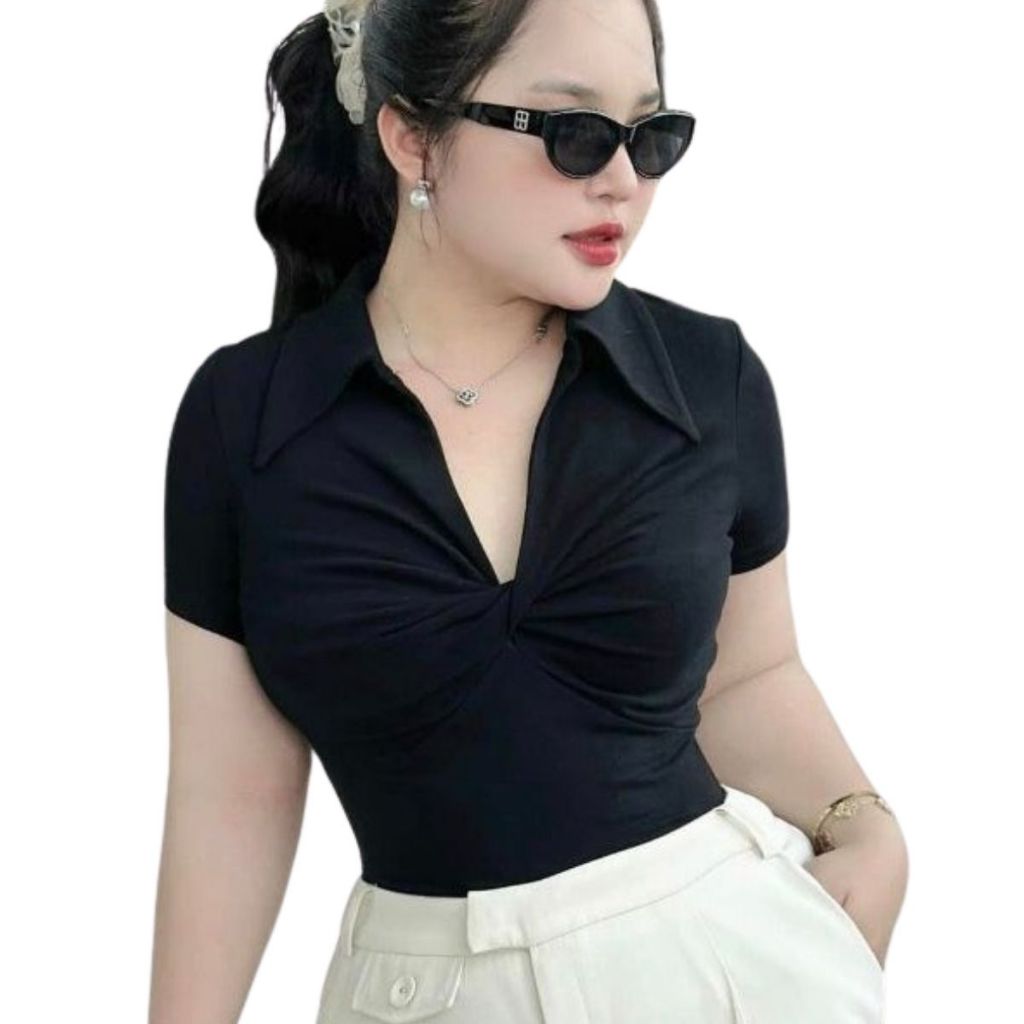 Áo Thun Nữ Bigsize Tay Ngắn Cổ Bẻ Xoắn Trước ESHOP Áo Kiểu Nữ Vải Tăm Ôm Body Dễ Thương MS229
