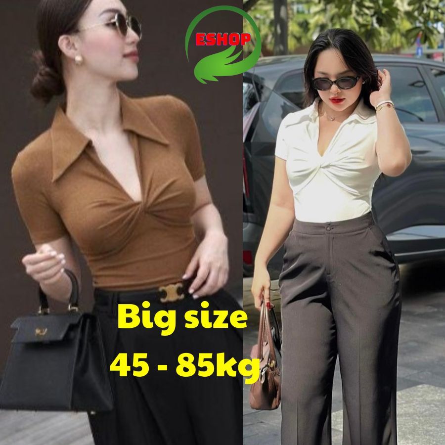 Áo Thun Nữ Bigsize Tay Ngắn Cổ Bẻ Xoắn Trước ESHOP Áo Kiểu Nữ Vải Tăm Ôm Body Dễ Thương MS229