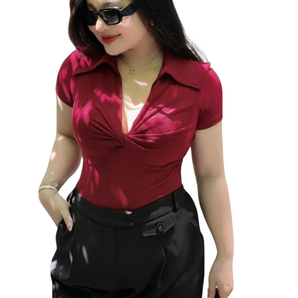Áo Thun Nữ Bigsize Tay Ngắn Cổ Bẻ Xoắn Trước ESHOP Áo Kiểu Nữ Vải Tăm Ôm Body Dễ Thương MS229