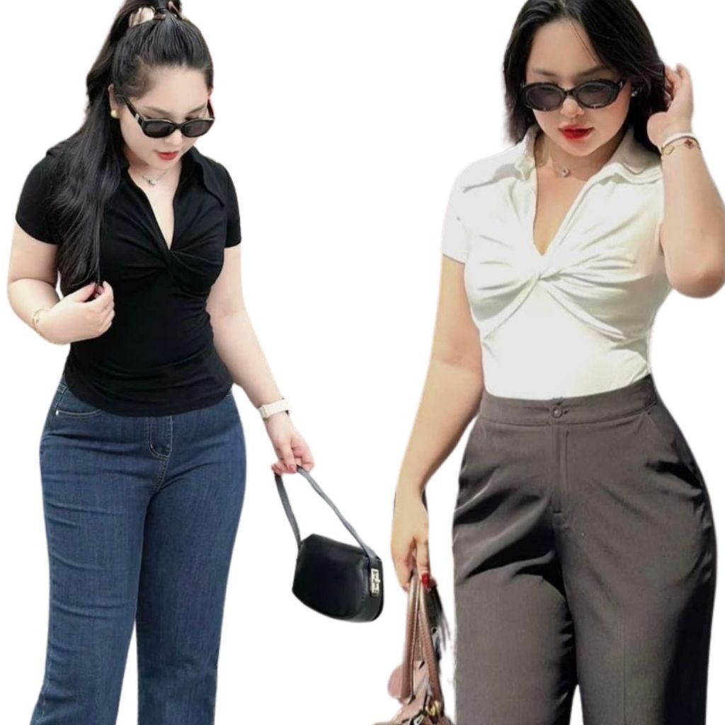 Áo Thun Nữ Bigsize Tay Ngắn Cổ Bẻ Xoắn Trước ESHOP Áo Kiểu Nữ Vải Tăm Ôm Body Dễ Thương MS229