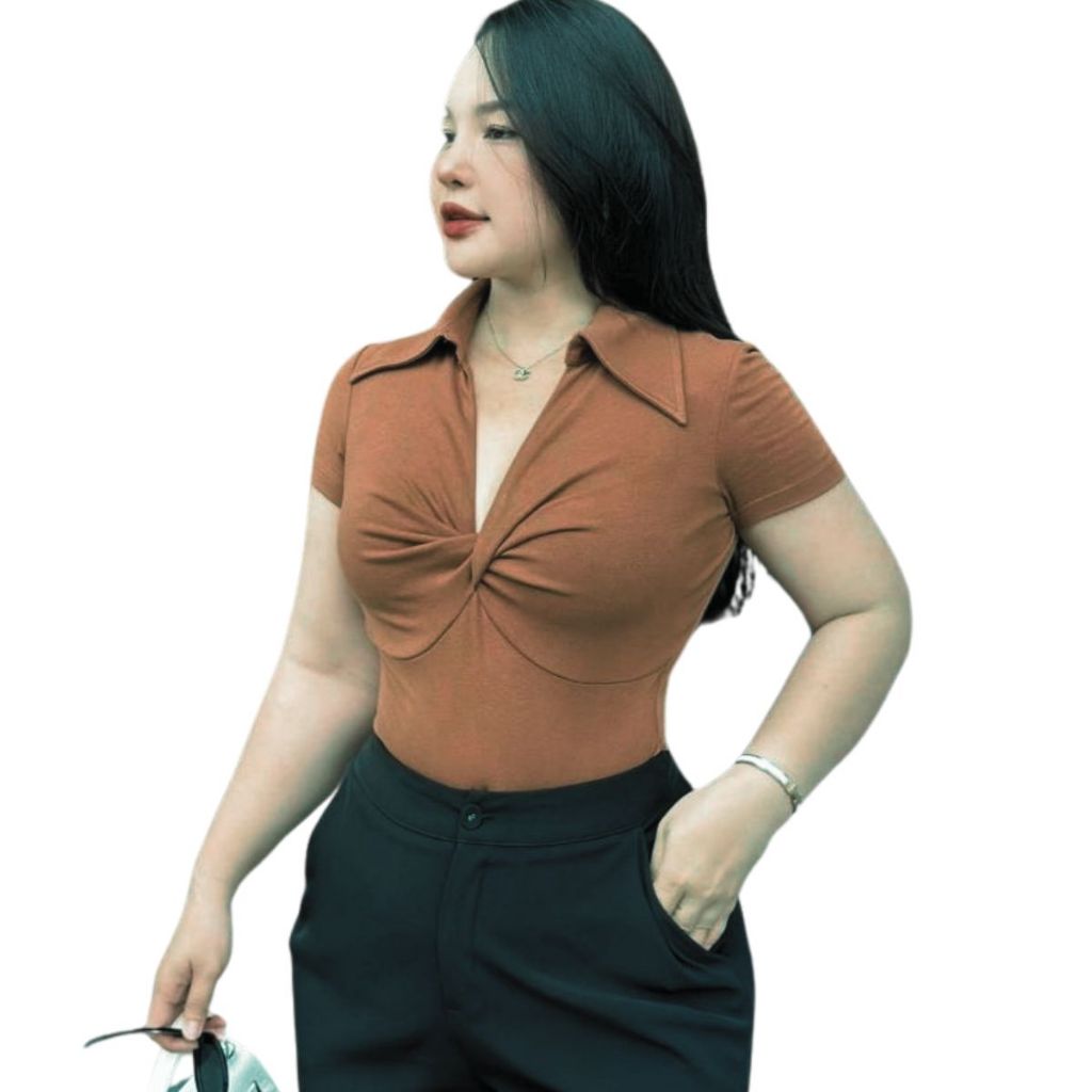 Áo Thun Nữ Bigsize Tay Ngắn Cổ Bẻ Xoắn Trước ESHOP Áo Kiểu Nữ Vải Tăm Ôm Body Dễ Thương MS229