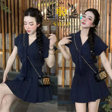Set Đồ Nữ Set Váy Nữ Kẻ Sọc Áo Thiết Kế Tay Hến Cổ Vest Mix Chân Váy Xếp Ly Có Quần Bảo Hộ Chất Vải Kẻ Xanh