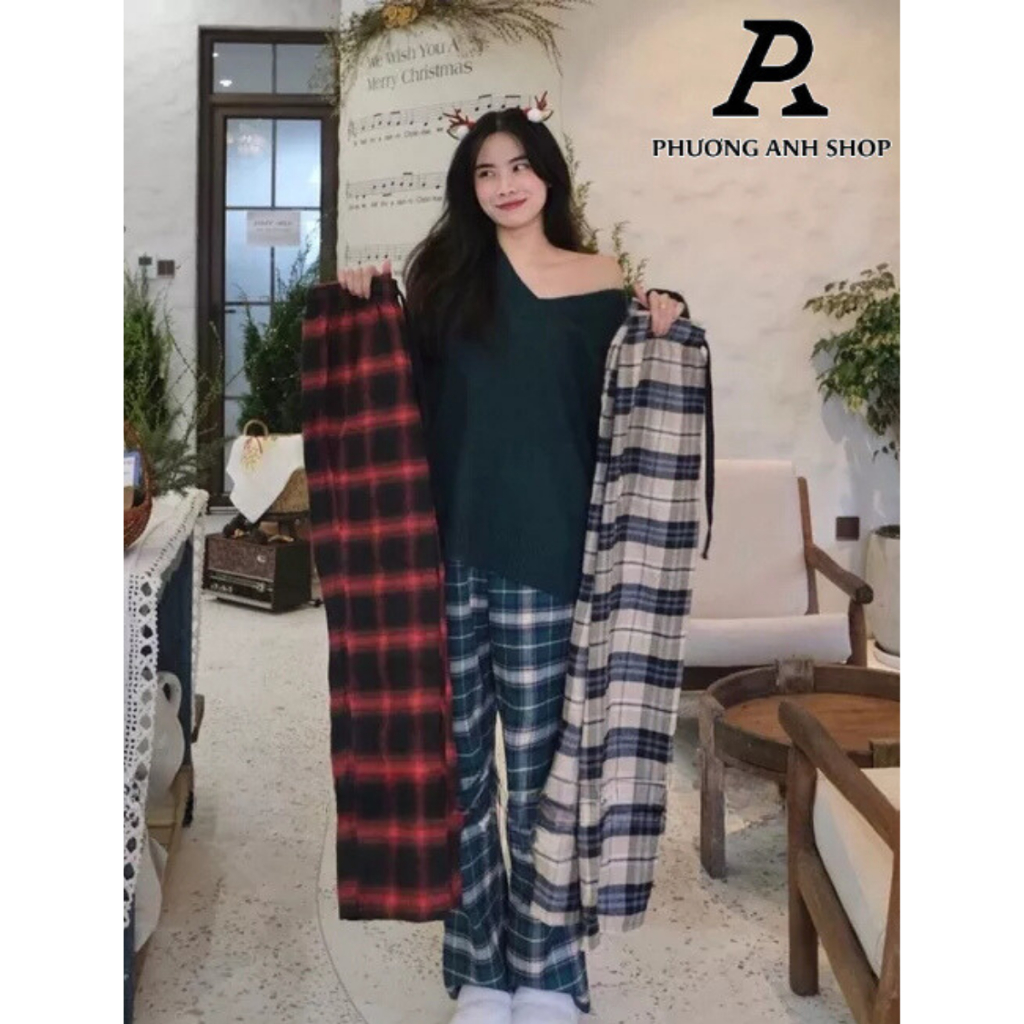 Quần ống rộng dạ kẻ hàng quảng châu hottrend phong cách Hàn Quốc