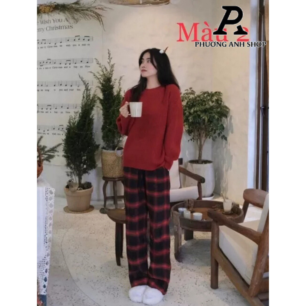 Quần ống rộng dạ kẻ hàng quảng châu hottrend phong cách Hàn Quốc