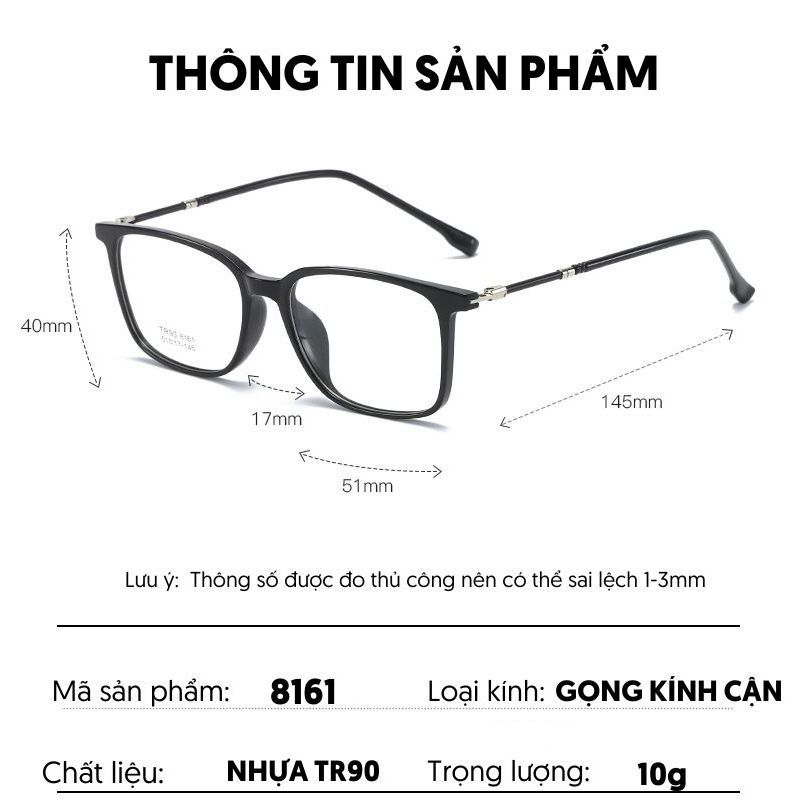 Gọng kính cận nữ nam vuông nhẹ nhàng thời trang công sở năng động thay được tròng cận 8161
