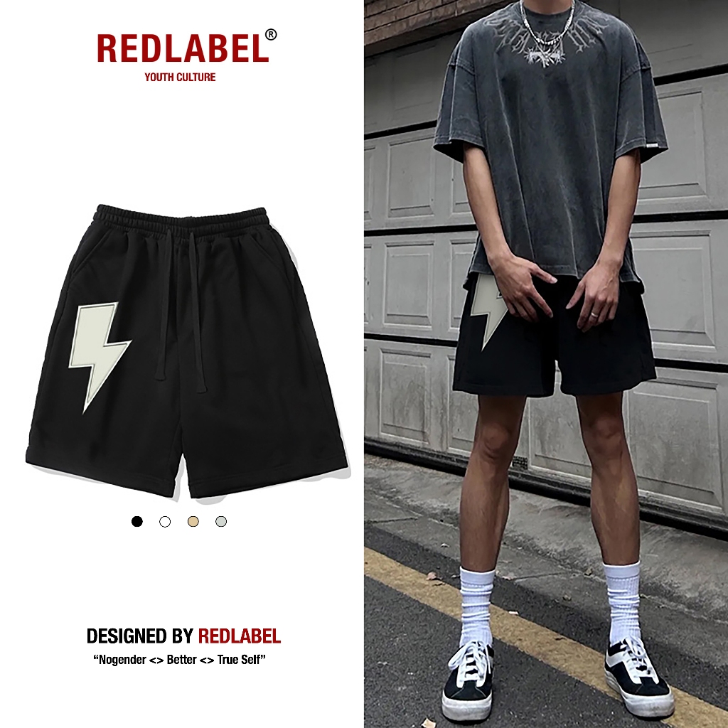 Quần Đùi Nỉ Shorts Họa Tiết In LIGHTNING REDLABEL Cá Tính Cao Cấp Thun Nỉ Dày Dặn Có Túi Kết Hợp Dây Rút
