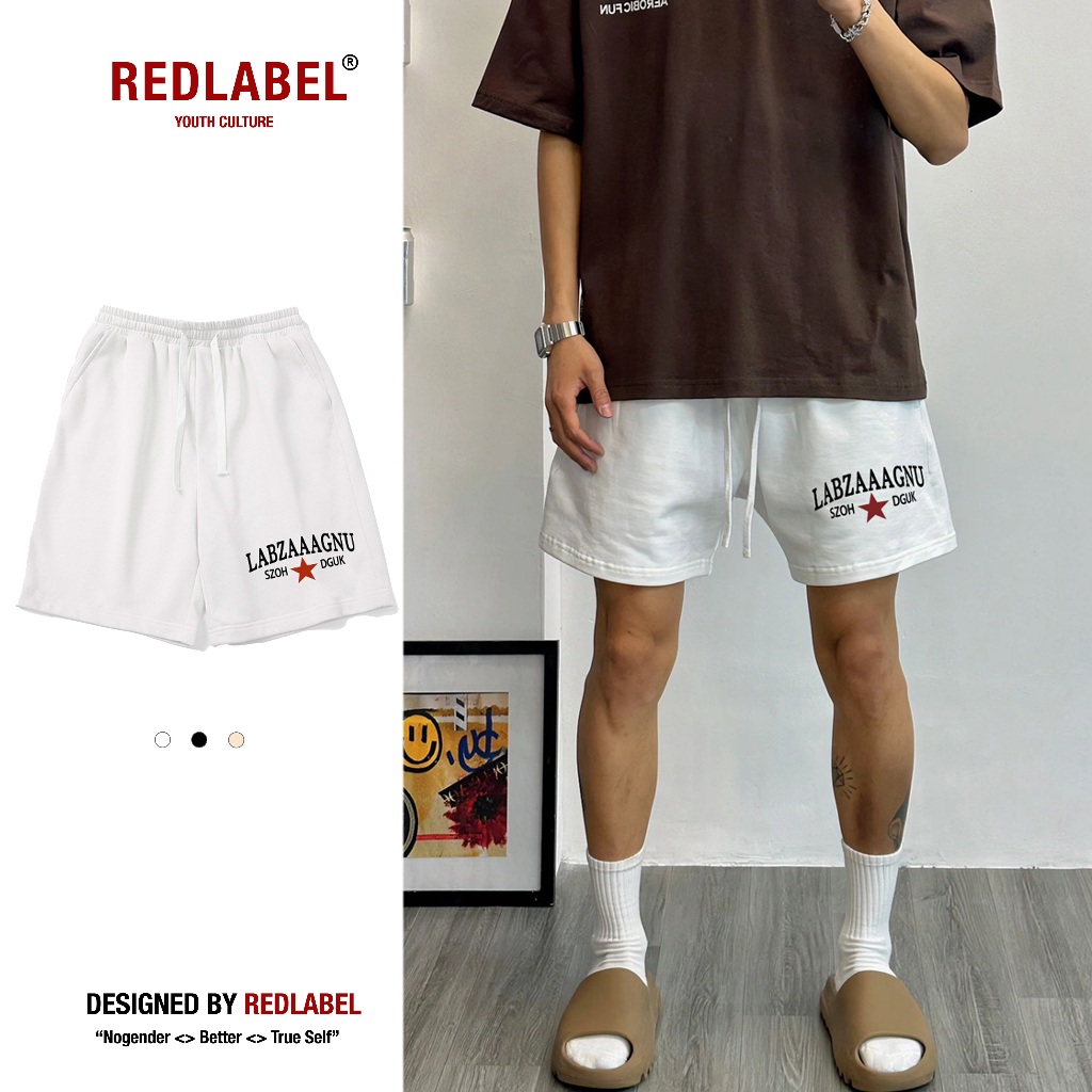 Quần Đùi Short Nam Nữ REDLABEL Họa Tiết In Chữ LABZAAAGNU Cá Tính Cao Cấp Thun Nỉ Dày Dặn Có Túi Kết Hợp Dây Rút