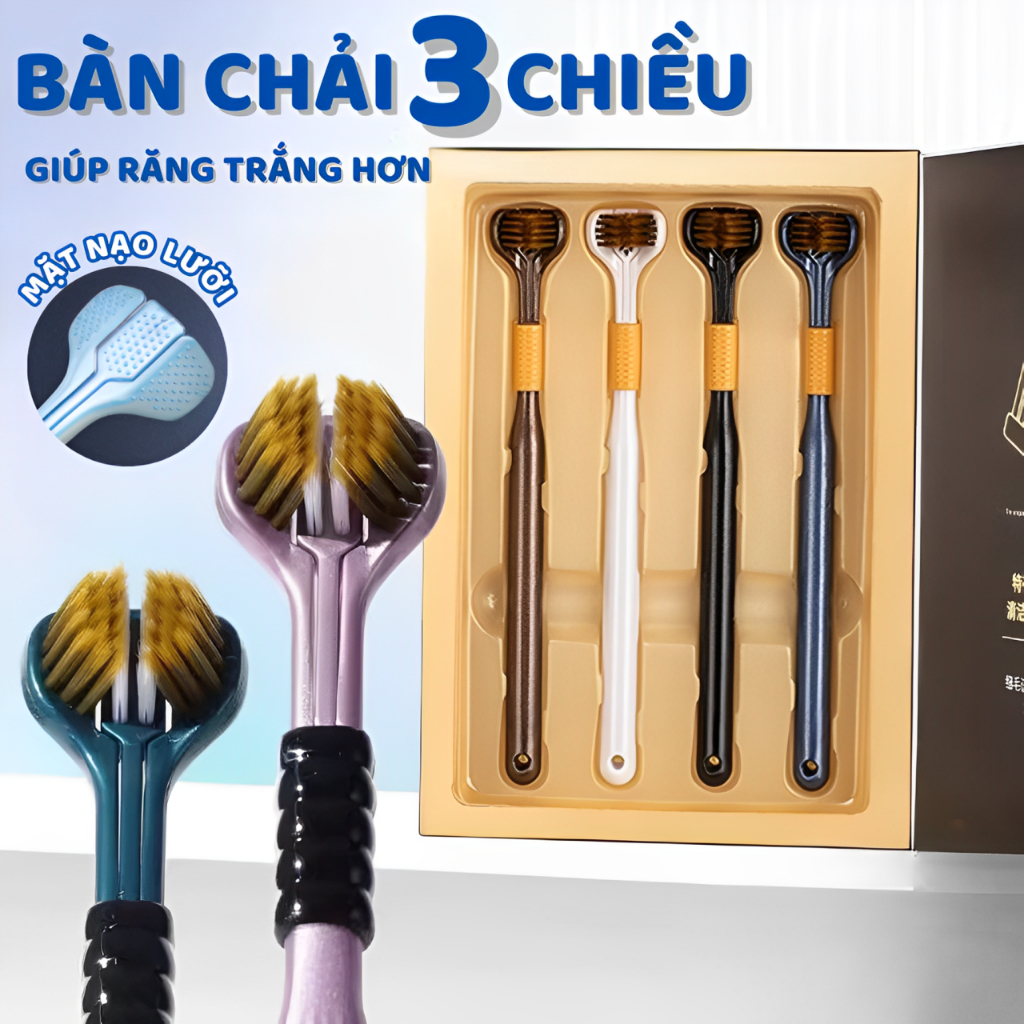 Bàn Chải Đánh Răng 3 Chiều, Bộ 4 Chiếc Lông Mềm Đánh Bay Mọi Mảng Bám, Trắng răng