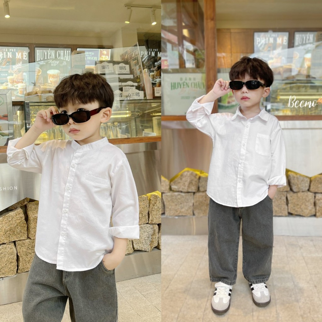 Áo sơ mi trắng dài tay bé trai, áo sơ mi thô mềm mát tay dài cho bé