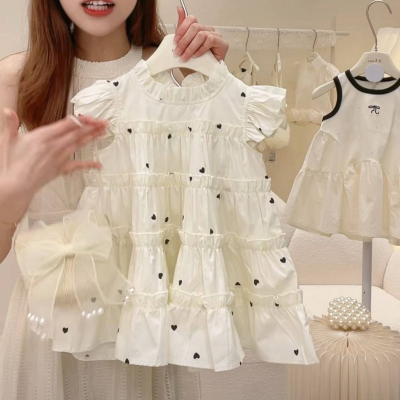 (Order) Váy trắng cho bé gái bồng xoè hoạ tiết chấm tim đen phong cách Hàn Quốc dễ thương