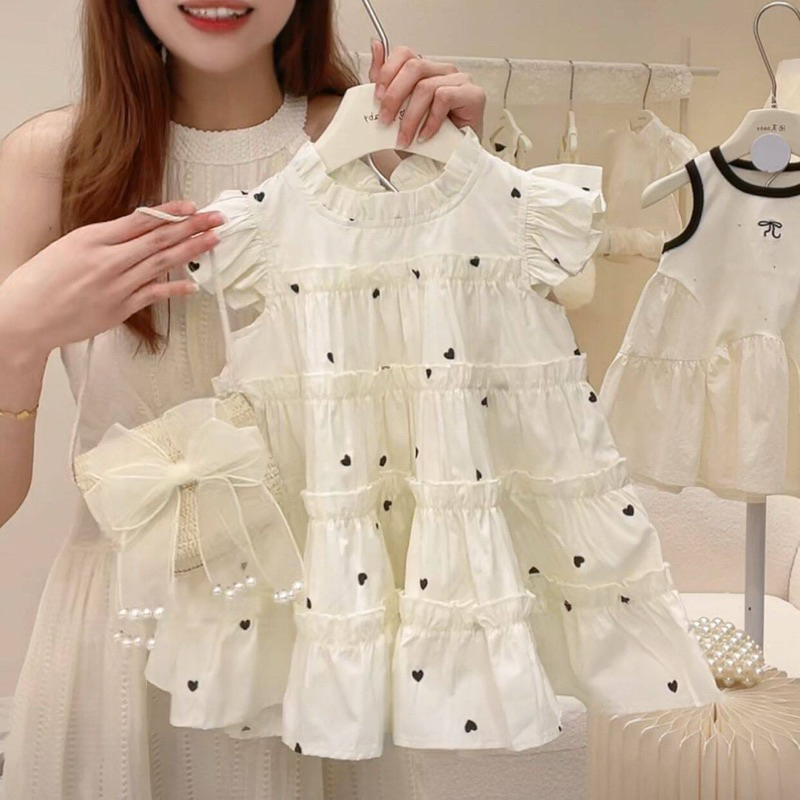(Order) Váy trắng cho bé gái bồng xoè hoạ tiết chấm tim đen phong cách Hàn Quốc dễ thương