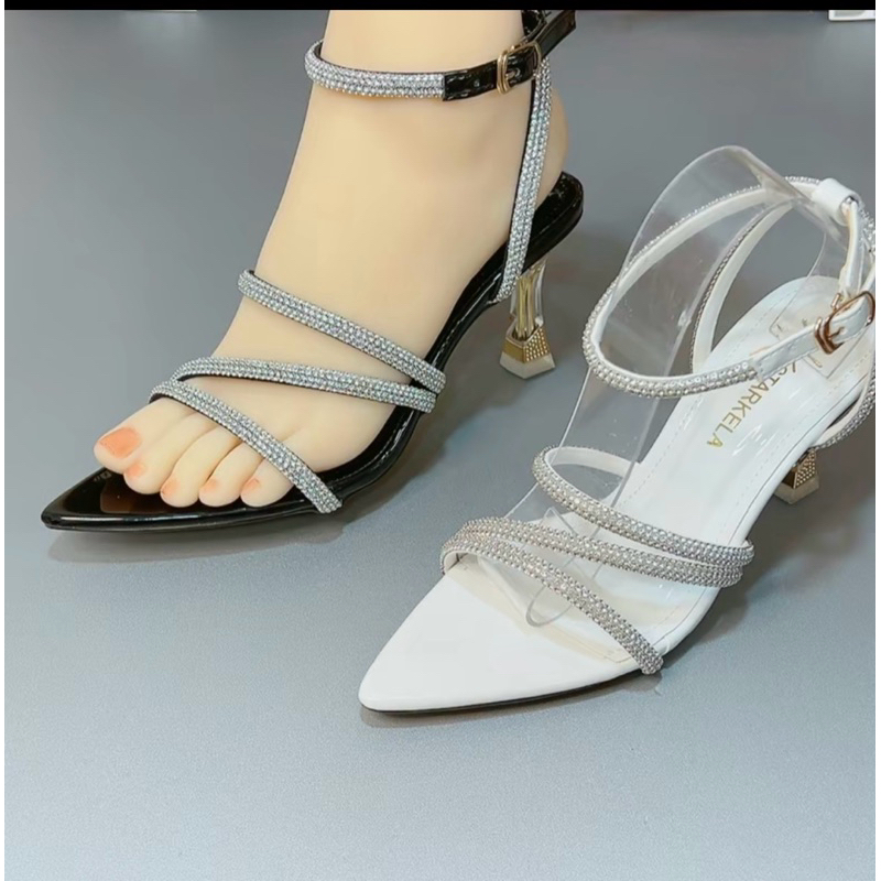 Dép quai hậu mũi nhọn 7cm,Sandal gót nhọn đính đá cao cấp 3 dây đá- Freeship toàn quốc