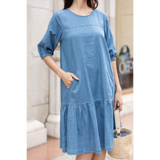 SWANLAKE | Váy Đầm Denim Jean Wash Mềm Suông Đuôi Cá Xòe Cổ Tròn Tay Phồng Có Túi Công Sở - D11295