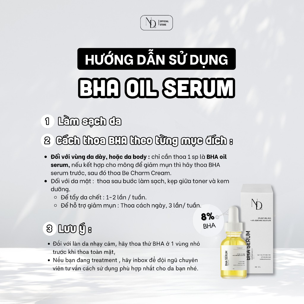 Serum Cho Da Mụn, Viêm Nang Lông, Lỗ Chân Lông To,... - BHA Serum 8% ND 15ml