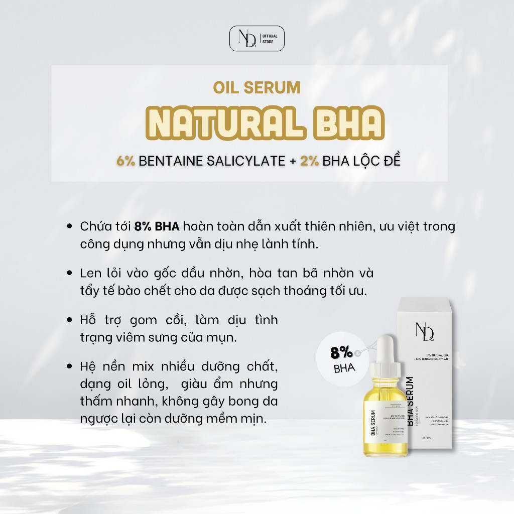 Serum Cho Da Mụn, Viêm Nang Lông, Lỗ Chân Lông To,... - BHA Serum 8% ND 15ml