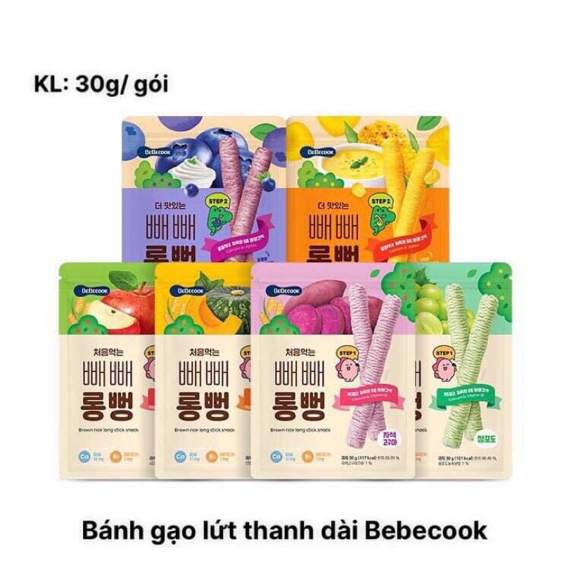 Bánh gạo lứt ăn dặm cho bé BeBecook thanh dài vừa vặn tay trẻ khi cầm gói 30gr TibongStore