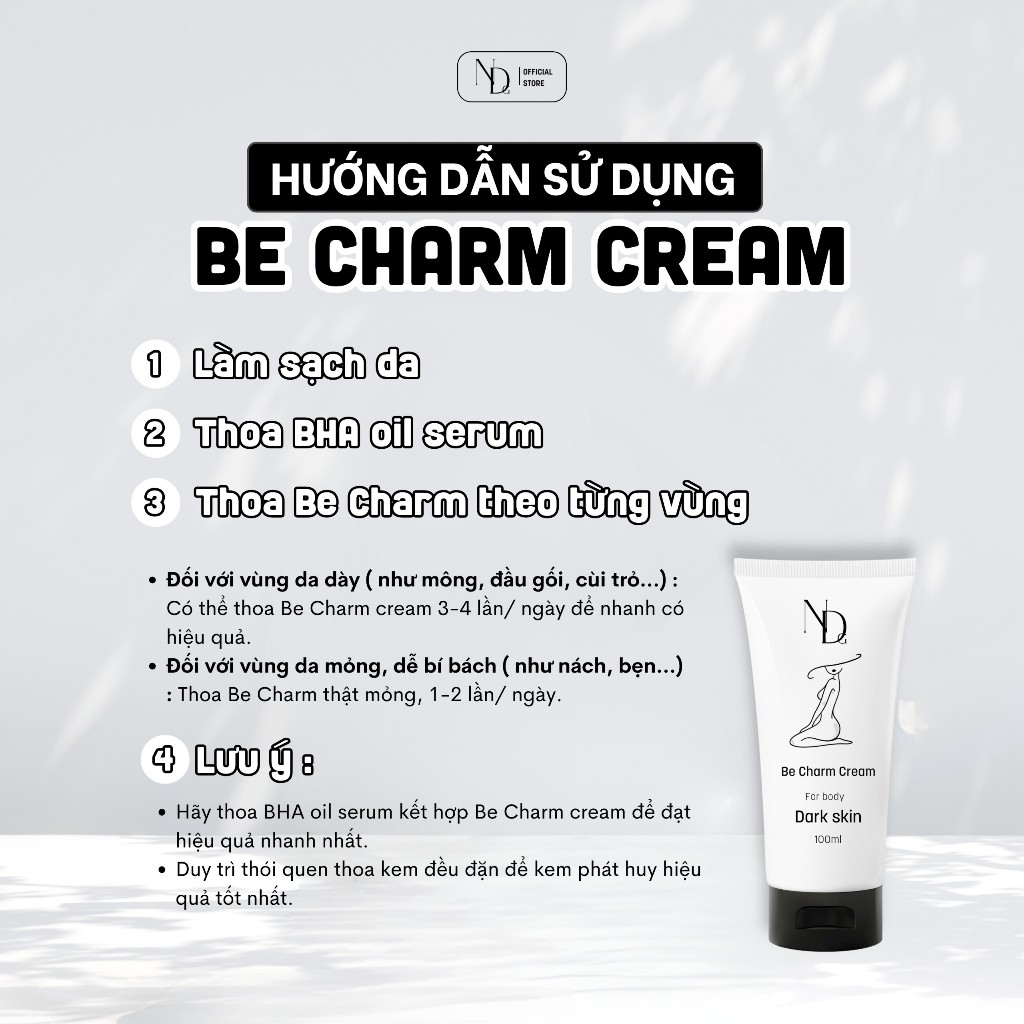 Combo Khử Mụn, Viêm lcl, Thâm cho Mông, Bẹn, Nách,.. BHA Serum ND 8% & Be Charm Cream