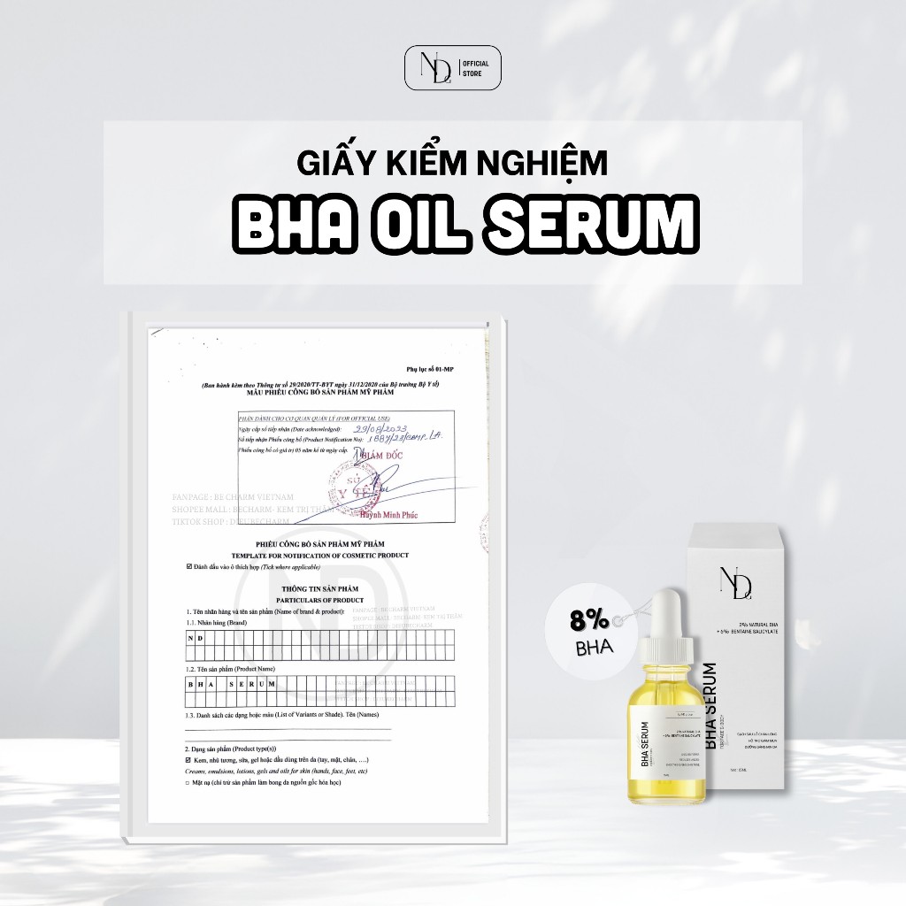 Serum Cho Da Mụn, Viêm Nang Lông, Lỗ Chân Lông To,... - BHA Serum 8% ND 5ml