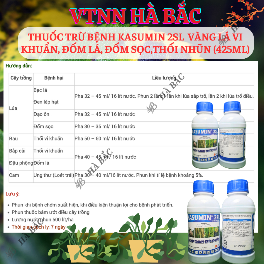 Chế phẩm xử lí nấm benhh Kasumin 2SL, vàng lá vi khuẩn, đốm lá, đốm sọc, thối nhũn (425ml)