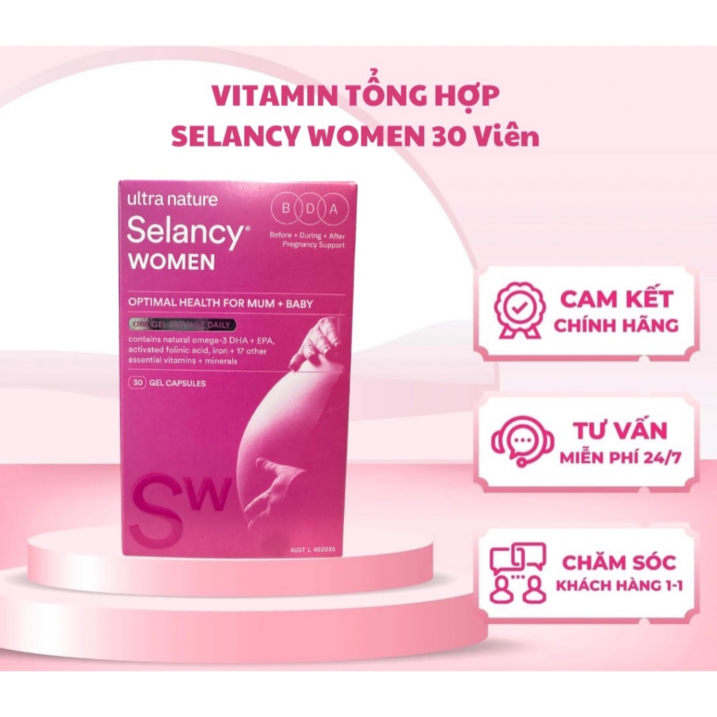 ☘☘ Vitamin bầu Selancy 30 - 100 viên (ÚC) cung cấp đầy đủ thành phần, hàm lượng các chất cho mẹ bầu