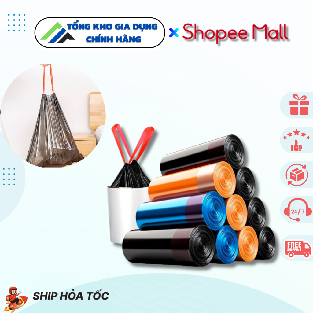 Set 150 Túi đựng rác có quai rút tiện lợi 15 túi/cuộn - Túi đựng rác ...