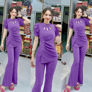 TH20- SÉT ĐỒ BỘ THUN XỐP ÁO KIỂU TAY NHÚN THUN - QUẦN ỐNG LOE