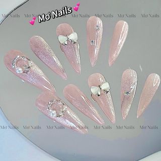 (Tặng hộp,keo MxBon) Nail Box thiết kế sang chảnh mắt mèo tiểu thư hồng, đính đá charm bạc M03