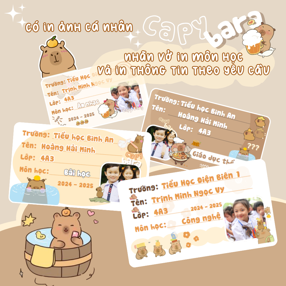 Nhãn vở IN ẢNH, MÔN HỌC CAPYBARA theo yêu cầu (từ lớp 1 đến lớp 12 ...