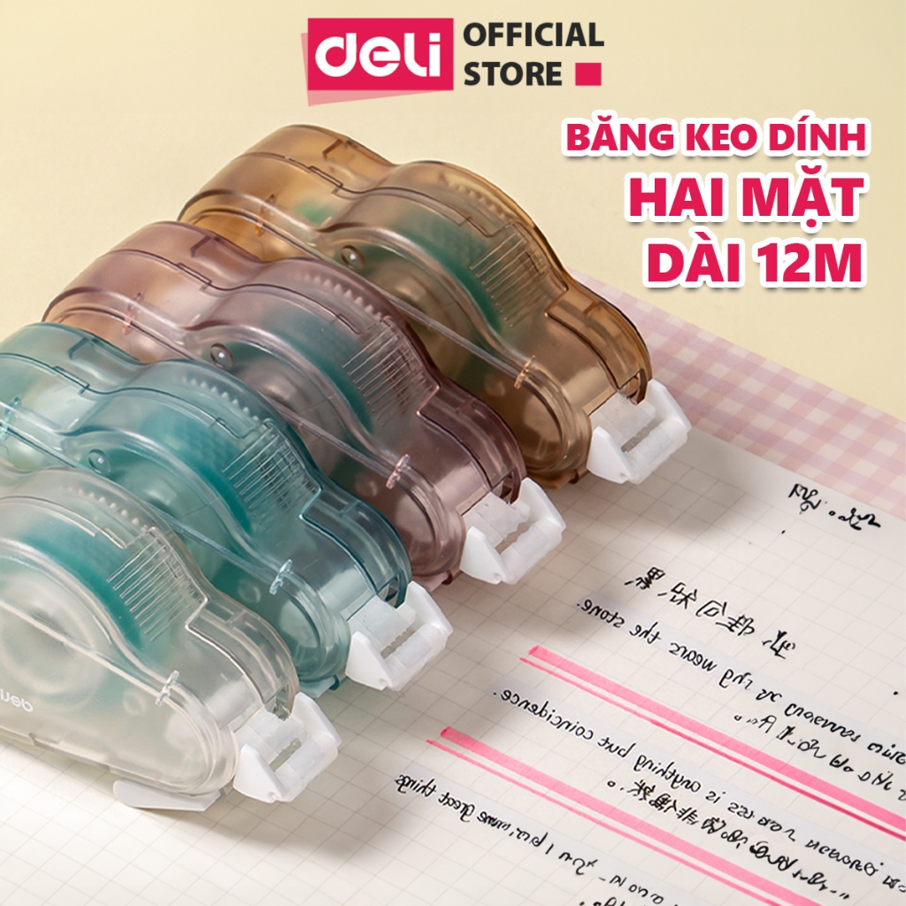 Băng Dính 2 Mặt Trong Suốt 8/12/16m Dạng Bút Kéo Deli Băng Dính Kéo 2 Mặt Nhiều Màu Siêu Dính Học Sinh Văn Phòng