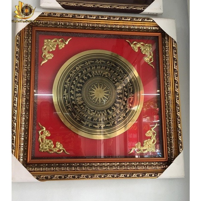 Tranh trống đồng Đông Sơn 100x100cm khung kính treo tường sẵn móc treo, Tranh mặt trống đồng ăn mòn cao cấp miễn ship