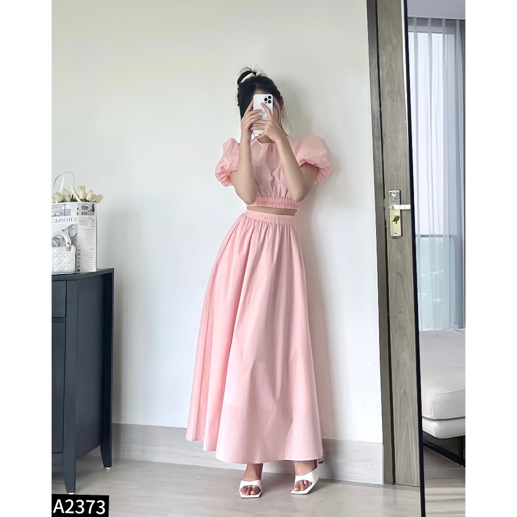 Set bộ thô áo crotop chun eo tay bồng phối chân váy midi dáng dài siêu hách dáng A2373