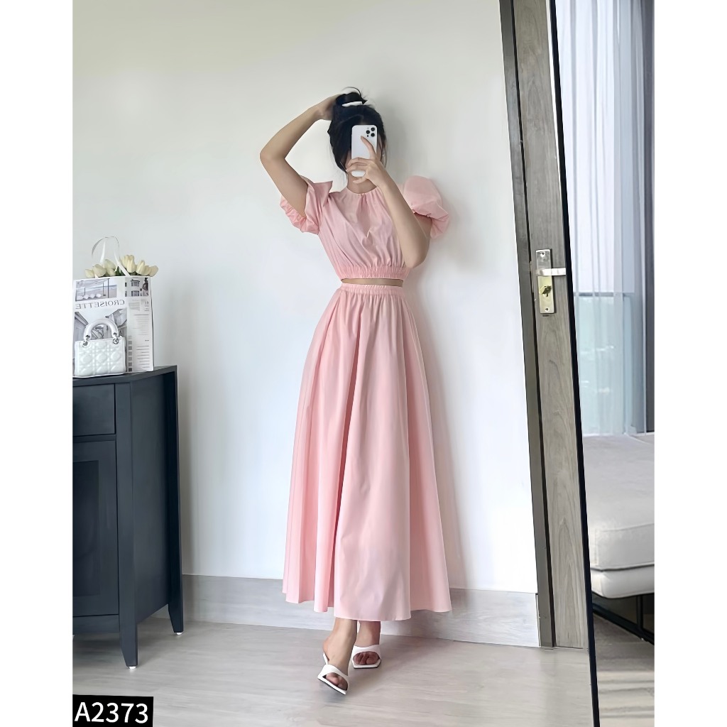 Set bộ thô áo crotop chun eo tay bồng phối chân váy midi dáng dài siêu hách dáng A2373