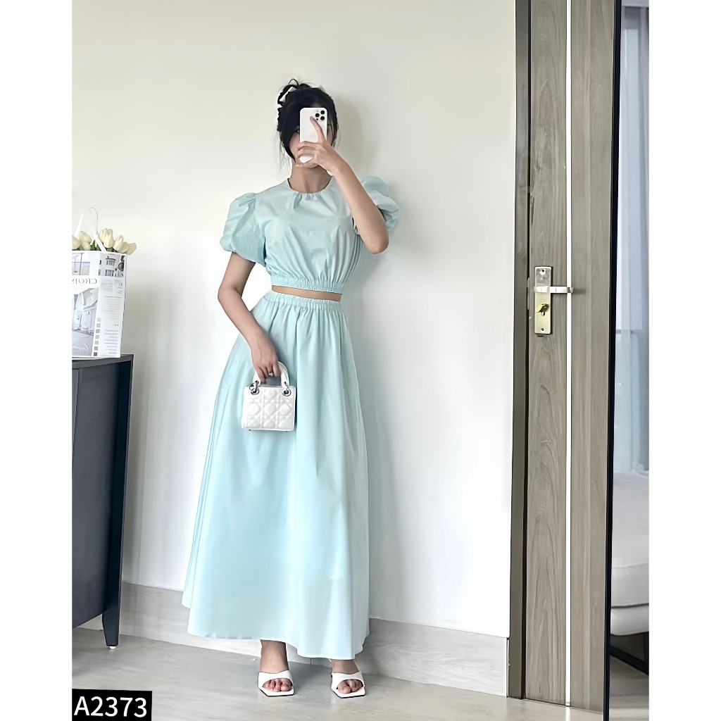 Set bộ thô áo crotop chun eo tay bồng phối chân váy midi dáng dài siêu hách dáng A2373