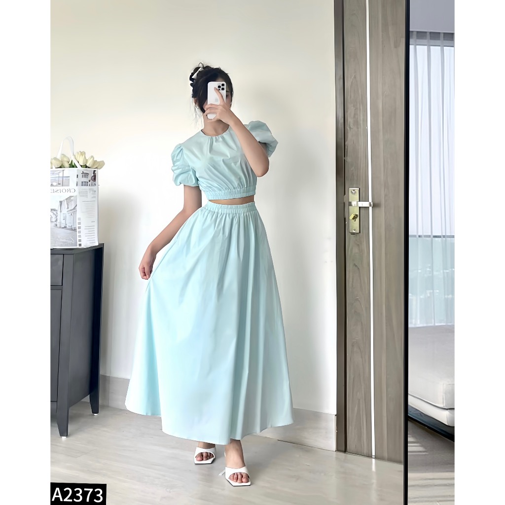 Set bộ thô áo crotop chun eo tay bồng phối chân váy midi dáng dài siêu hách dáng A2373