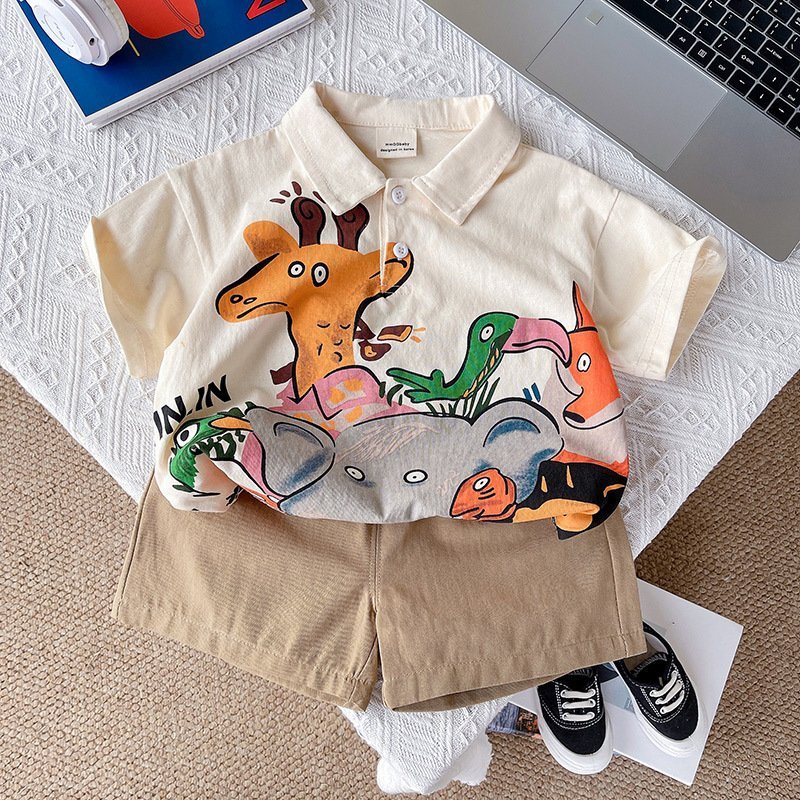 (HÀNG QCCC) Bộ quần áo QC áo polo chất vải cotton in họa tiết động vật kèm quần kaki nâu mềm cho bé trai gồm áo và quần