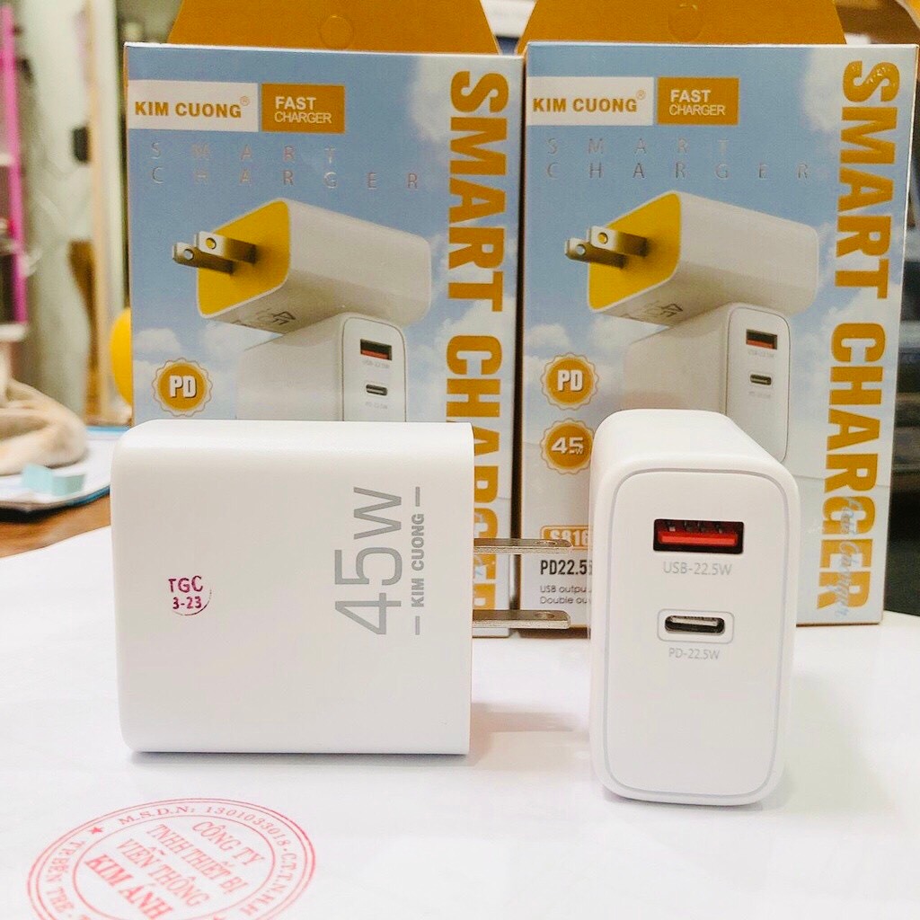 Cóc sạc nhanh Kim Cương S816 45W, hỗ trợ 2 cổng sạc ( USB và Type C ...