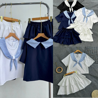 Set bộ Nhỏ Clothing nữ áo tay ngắn phối khăn thủy thủ kèm chân váy tầng  trẻ trung cách điểu dễ mặc có bigsize SET834