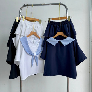 Set bộ Nhỏ Clothing nữ áo tay ngắn phối khăn thủy thủ kèm chân váy tầng  trẻ trung cách điểu dễ mặc có bigsize SET834