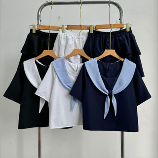 Set bộ Nhỏ Clothing nữ áo tay ngắn phối khăn thủy thủ kèm chân váy tầng  trẻ trung cách điểu dễ mặc có bigsize SET834