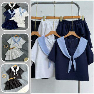 Set bộ Nhỏ Clothing nữ áo tay ngắn phối khăn thủy thủ kèm chân váy tầng  trẻ trung cách điểu dễ mặc có bigsize SET834