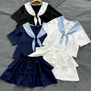 Set bộ Nhỏ Clothing nữ áo tay ngắn phối khăn thủy thủ kèm chân váy tầng  trẻ trung cách điểu dễ mặc có bigsize SET834