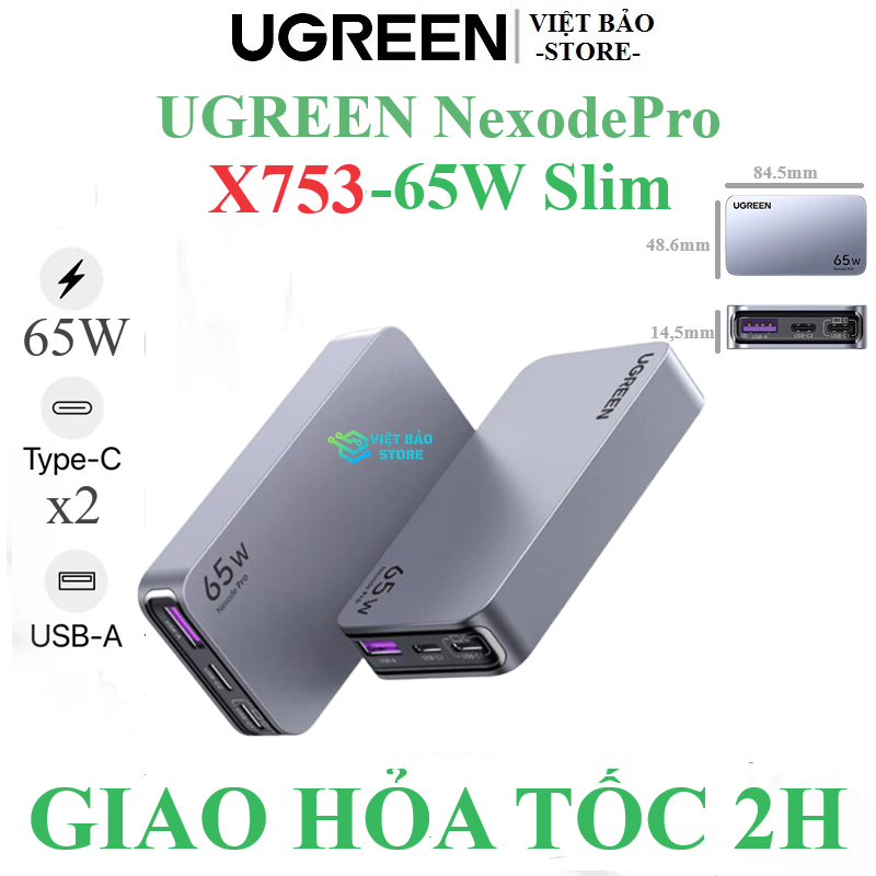 Sạc nhanh UGREEN Nexode Pro 65W X753 dòng Slim siêu mỏng 3 cổng 2C1A hỗ trợ PD/PPS/QC Shopee