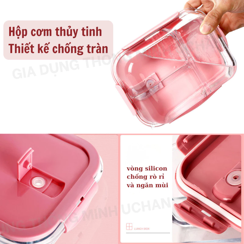 Hộp cơm thủy tinh văn phòng chia ngăn chống tràn UCHAN chịu nhiệt dùng được trong lò vi sóng SP08