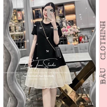 ĐẦM VÁY BẦU BABYDOLL CÔNG SỞ CỘC TAY MÙA HÈ PHỐI NƠ ĐIỆU ĐÀ CHÂN VÁY MIX VOAN TƠ ĐIỆU ĐÀ V895 - VÁY BẦU XINH FREESIZE